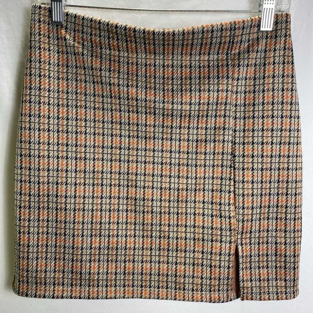 Windsor Orange Black Houndstooth Plaid Mini Skirt Side Slit PS4532FWD Size M - Picture 1 of 7